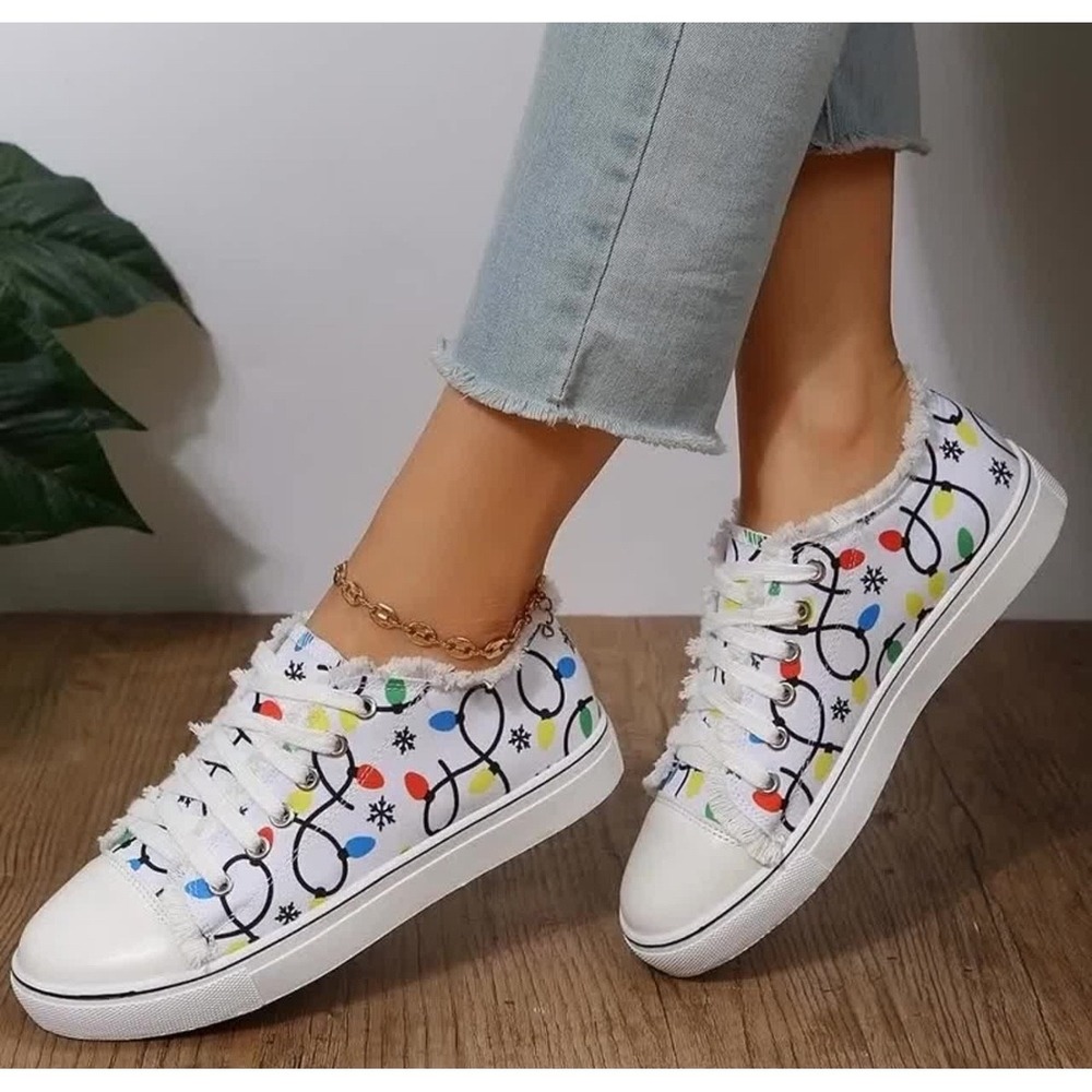 SHEIN Canvas Christmas Lights Sneakers Low‎ Top Frayed Edge Lace Up Shoes SZ 10